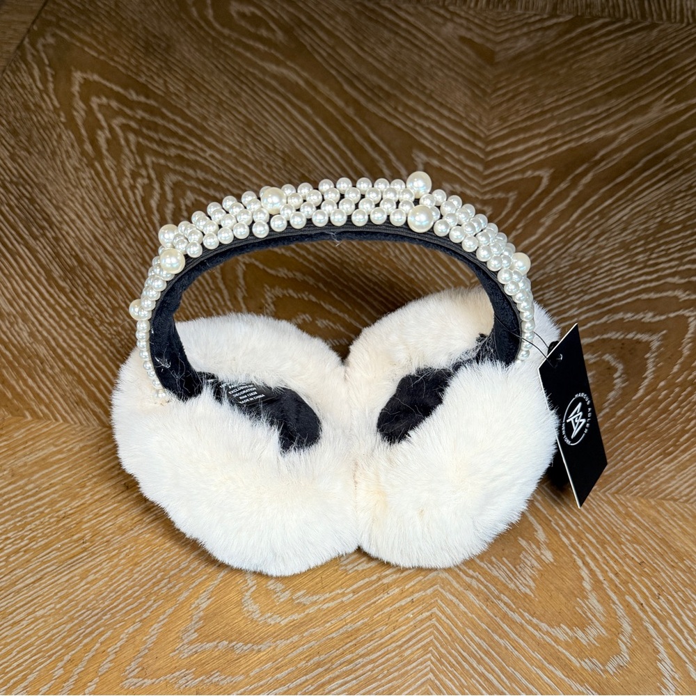 Marcus Adler Faux Fur Beaded Earmuffs Cream with White Beads